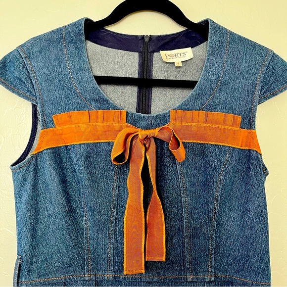 Vintage Denim Dress Size 8 60s 70s Ribbon Bow Around Chest Sparkle in Fabric - Picture 2 of 15